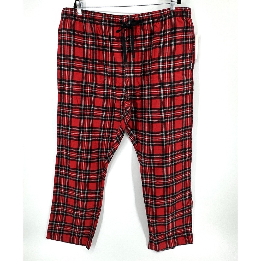 HANES Pajama Pants Mens 2XL Red Flannel Plaid Check Drawstring Pockets Sleep
